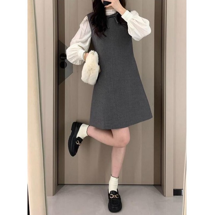 여성 모직 원피스 민소매 디자인 모던 캐주얼 스타일 혼합 섬유 민소매 드레스 JS