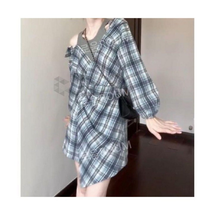 여름 봄 긴팔 드롭숄더 슬림 체크 셔츠 랩 미니원피스 바캉스 휴양지 리조트룩 나시 드레스