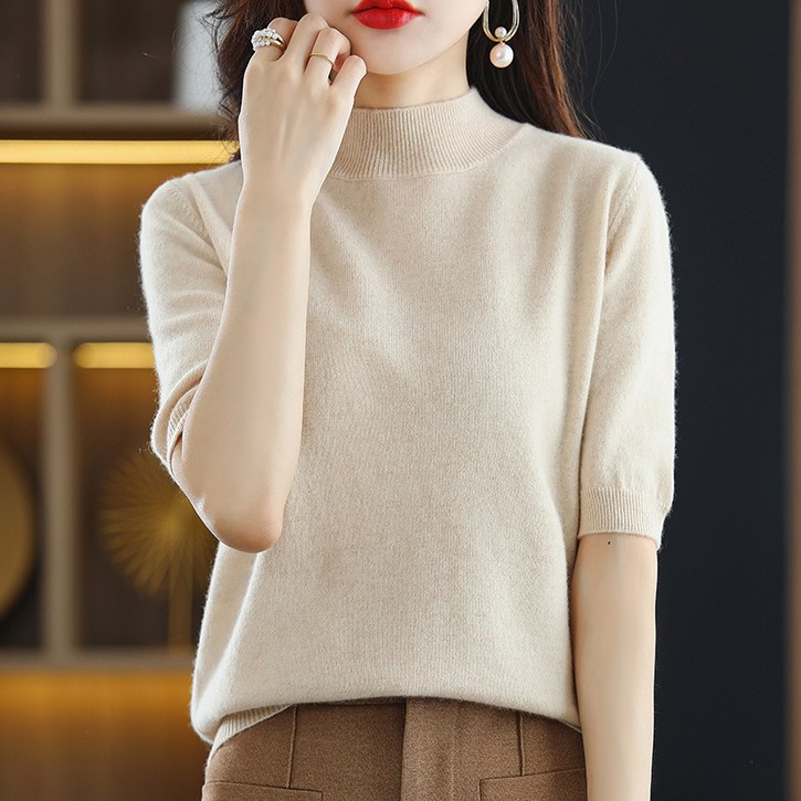 류룡 여성 베이직 반팔 반목 니트티 티셔츠