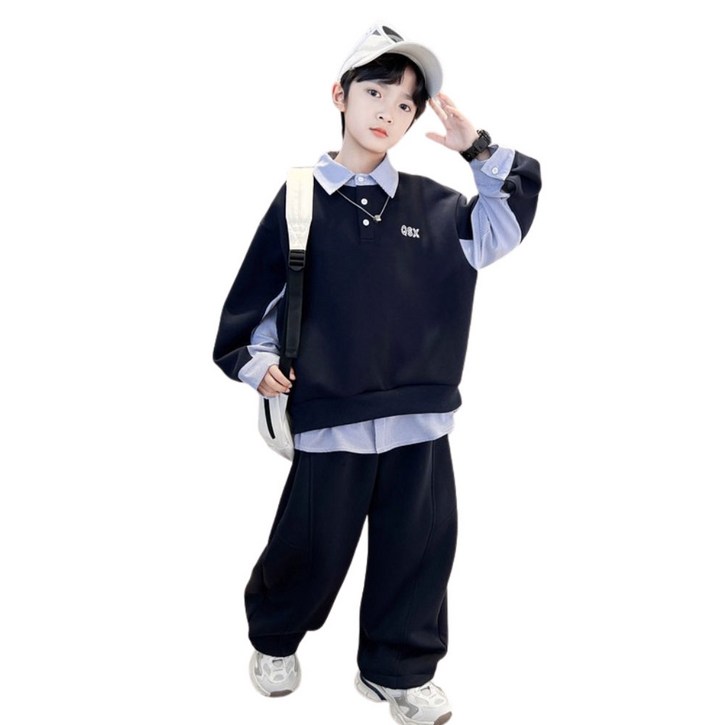 삐삐네옷가게 남아용 봄 상하 댄디 스트릿 셔츠 레이어드 세트