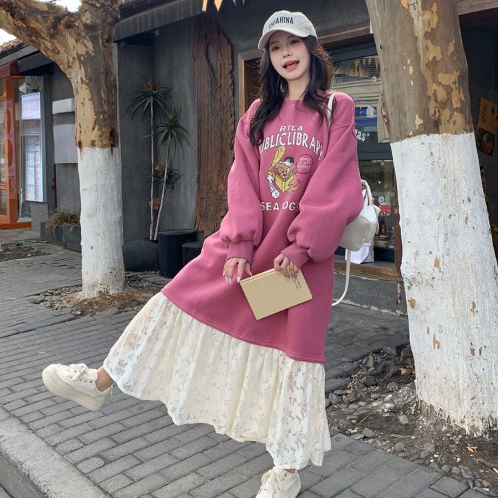 COSYEVNO 여성 미디 원피스 기모 겨울 레이스 접합 라운드 프린트 오버핏 스커트