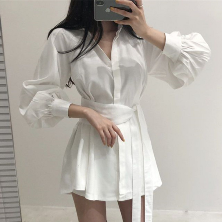 TKX 여성 봄 가을 카라넥 간편한 긴소매 허리 리본 원피스 심플 패션 퍼프 소매 간결한 디자인 K53