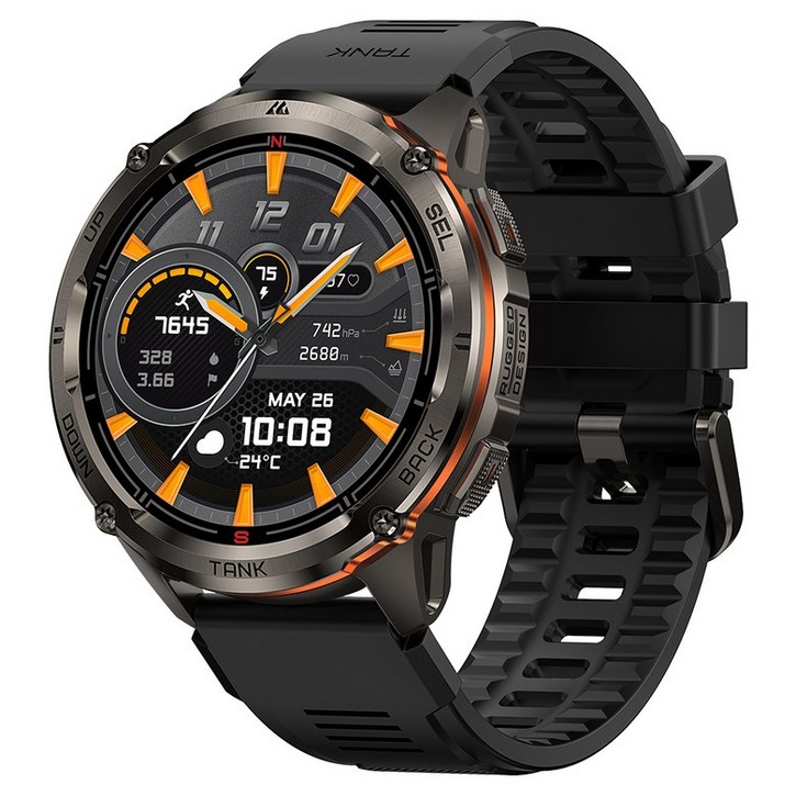 KOSPET TANK T3 Ultra 2 GPS 스마트 워치 남성용 나침반 고도계 기압계 60일 배터리 5ATM IP69K 방수 AMOLED BT 통화, Black, 3.632cm, GPS + 블루투스