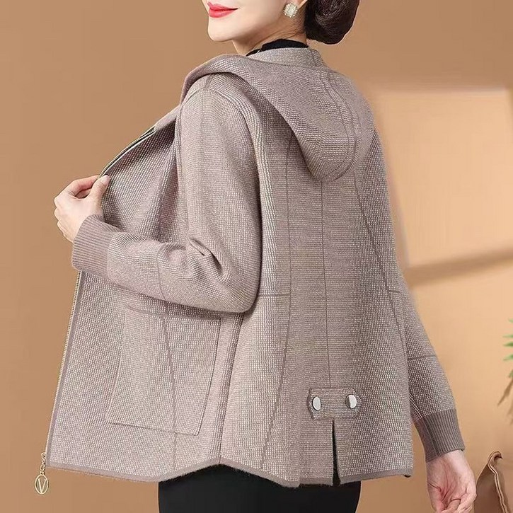 POMTOR 봄가을 중년여성 캐주얼 후드 도톰 포켓 집업 니트 모직 코트