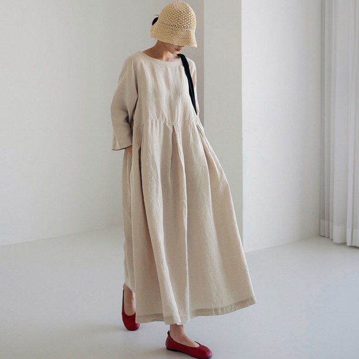 Novastar 여자 봄 가을 원피스 린넨 면 루즈핏 빅사이즈 바캉스 원피스 데일리룩