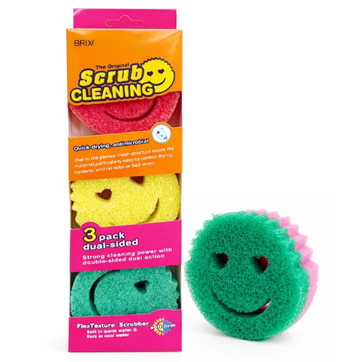 스마일 스폰지 스크럽 수세미 흡착 3P세트