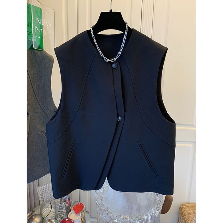 COSYEVNO 봄가을 여성 정장 숏 조끼 패션 루즈핏 불규칙 접합 라운드넥 카디건