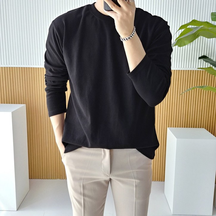 남자 긴팔티 오버핏 특양면 스판 라운드 무지 티셔츠