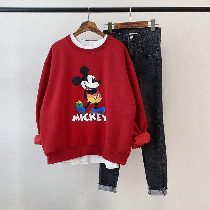 피노치 여성 미키마우스 기모 오버핏 맨투맨 티셔츠