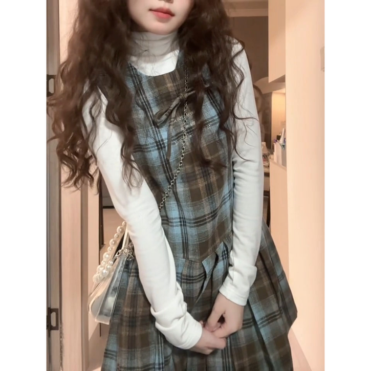 여성 민소매 모직 원피스 가을 겨울 캐주얼 나시 원피스 루즈핏 기질 빈티지 체크 니트 원피스 ZZL