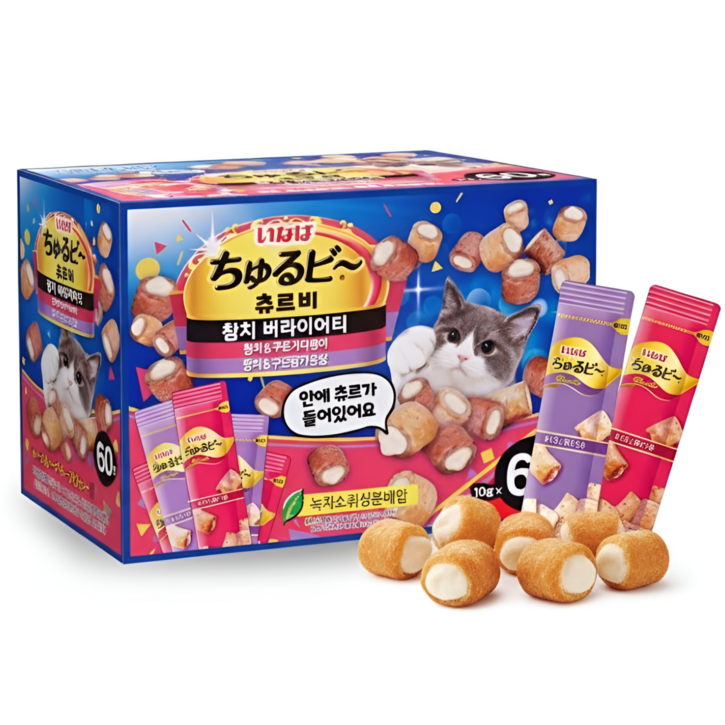 이나바 INBA 츄르비 버라이어티 고양이 간식 - 60봉 대용량 / 반려동물 습식 스틱, 참치 버라이어티 (QSC-284), 10g, 60개