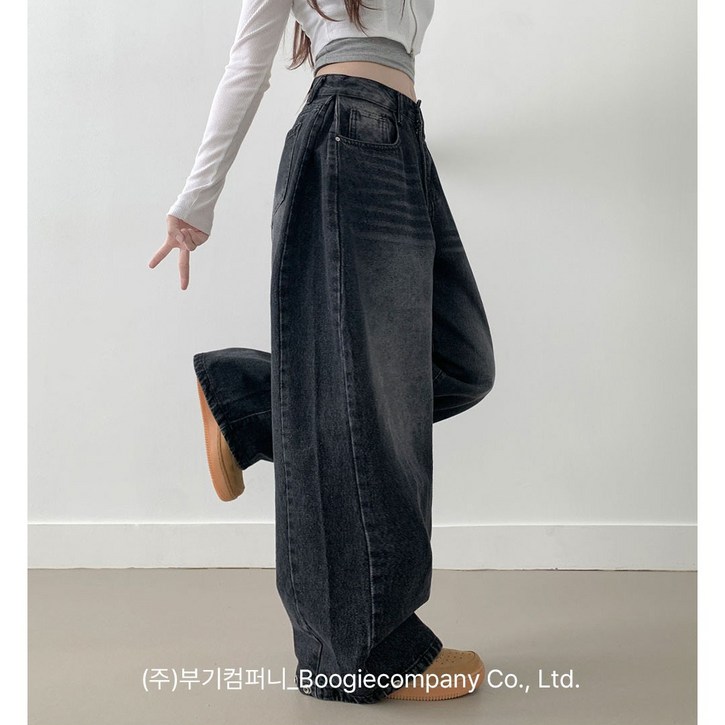 부기샵 벌룬 와이드 데님팬츠 라뚜 사이드핀턱 캣브러쉬 워싱 스냅버튼 조거 와이드 벌룬핏 군살커버 데님팬츠