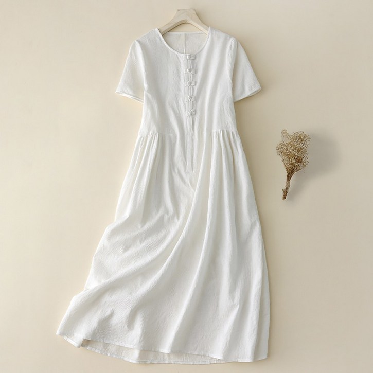 IWMAFT 여성 여름 린넨혼방 반팔 롱원피스 브이넥 버튼 자카드 패턴 루즈핏 허리라인 원피스 KT202