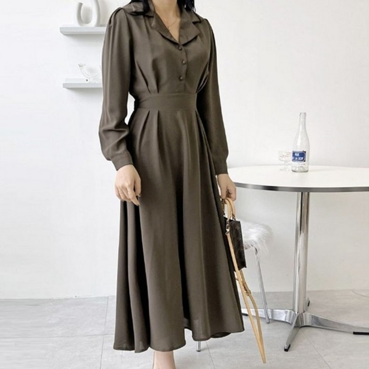 슬림 여성 원피스 카라 핀턱 롱 원피스 치마 허리 밴딩 카라