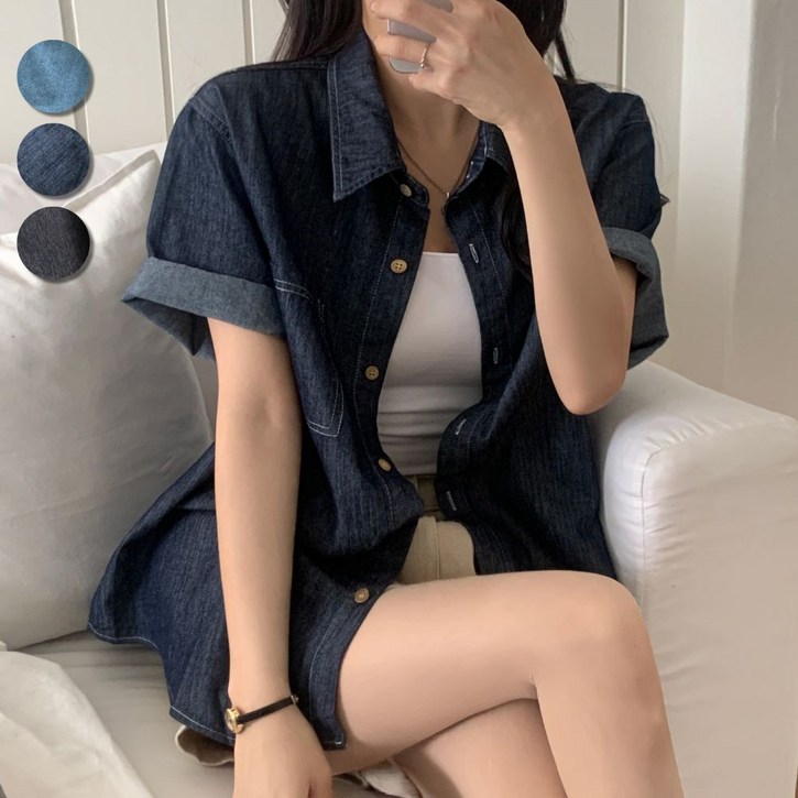 핏몬 여성 오버핏 빈티지 데님 스티치 여름 반팔 청 셔츠