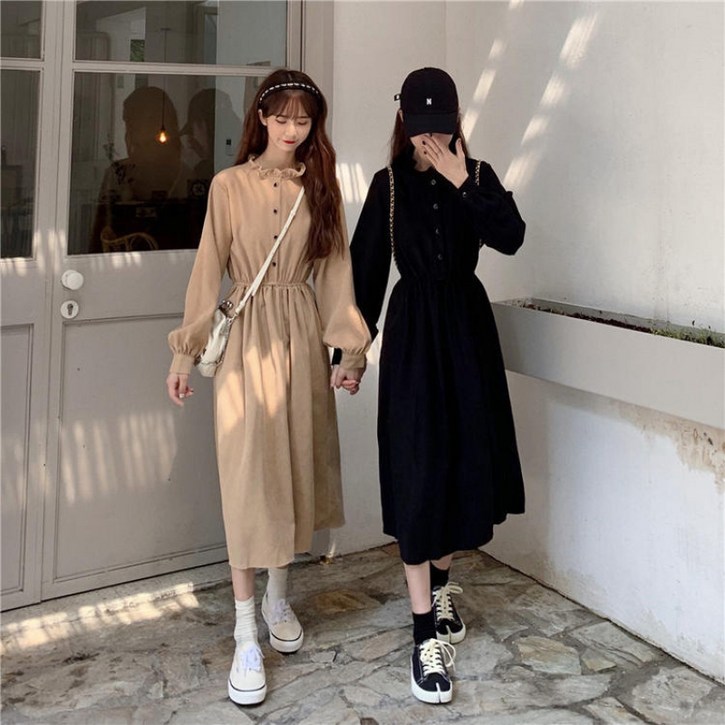 SAHINER 봄가을 프릴넥 허리밴딩 퍼프소매 여성 롱원피스 베프복장11