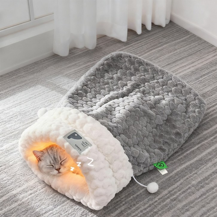 Zaxnouvi 고양이 보온 슬리핑백 반려동물 토끼털 침낭 베드, 1개, 그레이