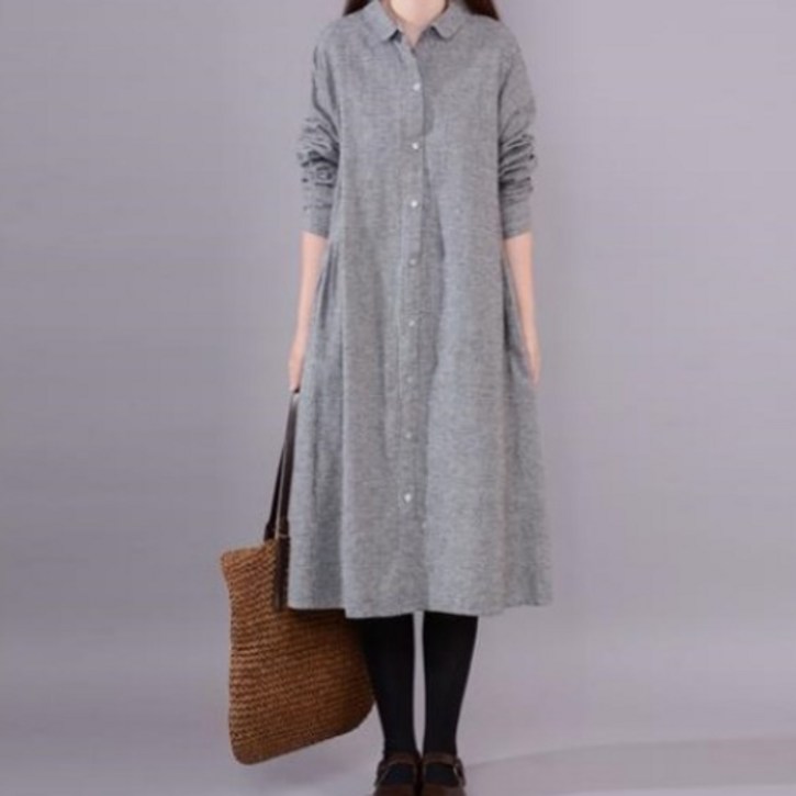 Makone 여성 빈티지 체크 롱셔츠 루즈핏 린넨 심플 롱 원피스