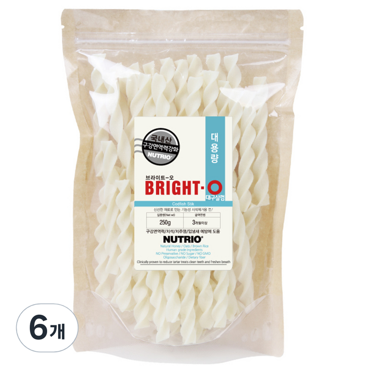 뉴트리오 브라이트오 강아지 치석껌 대용량, 대구살껌맛, 250g, 6개