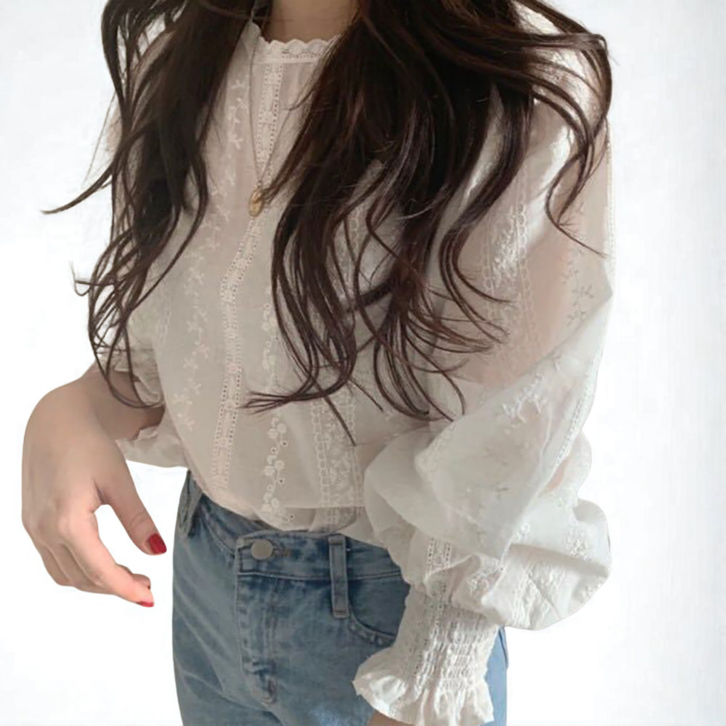 PFG 프릴 플리츠소매 블라우스 긴팔블라우스 레이스