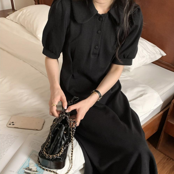 카라 심플 퍼프 롱 원피스 여름 여성 반팔 캐주얼