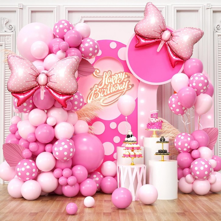 CEUQIESO 핑크 생일 장식, 핑크 리본 풍선이있는 97PCS 핑크 풍선 아치 화환 키트, 만화 마우스 생일 결혼식 독신 파티 장식을위한 핑크 라운드 풍선 물방울 도트 풍선
