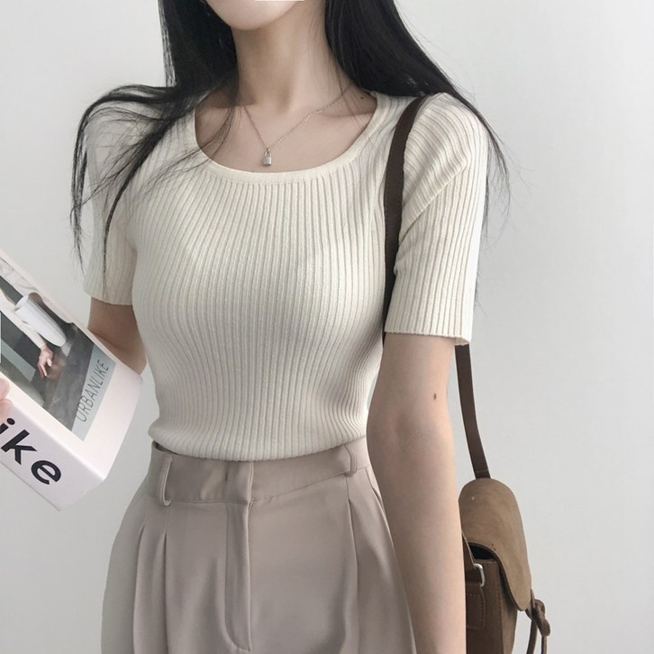 리리의감각 여성 스퀘어넥 골지 이너 반팔 니트티셔츠