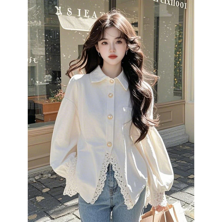 COSYEVNO 여성 블라우스 솔리드 봄가을 레이스 접합 루즈핏 상의