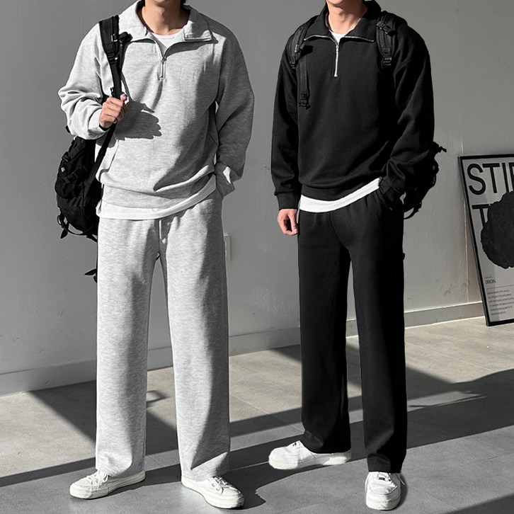 프리미엄 고급 남자 남성 반집업 맨투맨 세미와이드 트레이닝 바지 팬츠 츄리닝 셋업 상하의 세트