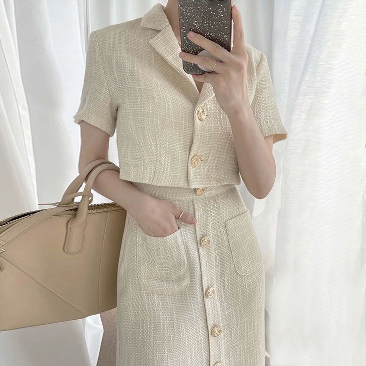 여성 투피스 세트 반소매 롱스커트 트위드 여름 셋업 하객룩