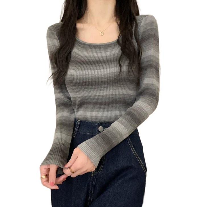 INSZEN 여성 슬림핏 이너 탑 스트라이프 스퀘어 니트 스웨터