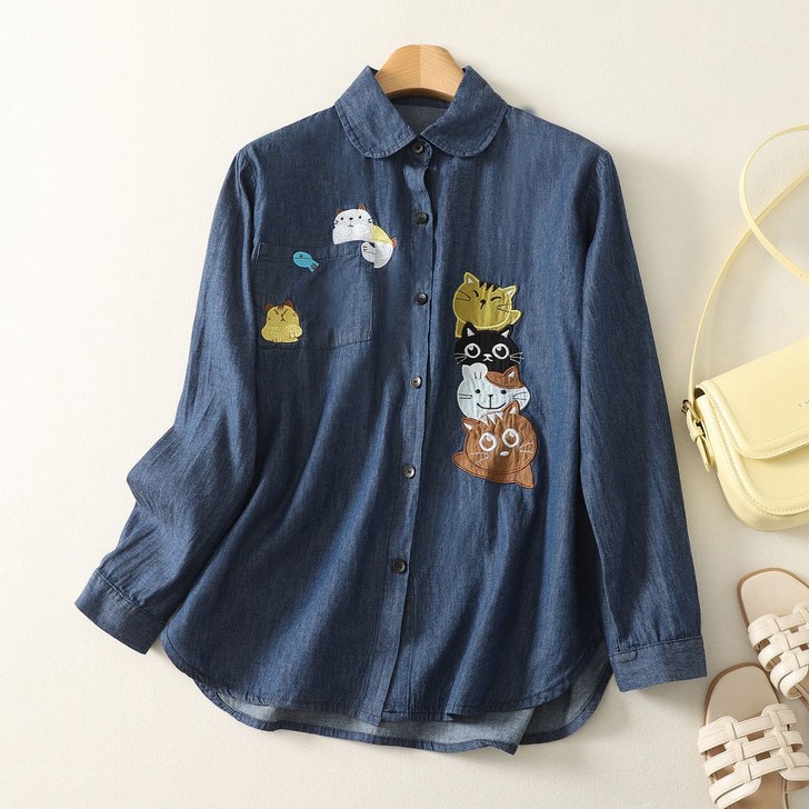 빈티지 블루 자수 데님 셔츠 여성 가을 겨울 루즈핏 캐주얼 긴팔 청 셔츠 남방 자켓 아우터
