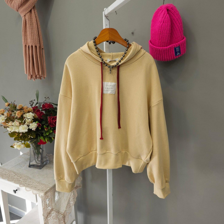 여성용 무지 세미크롭 오버핏 긴팔 후드 맨투맨