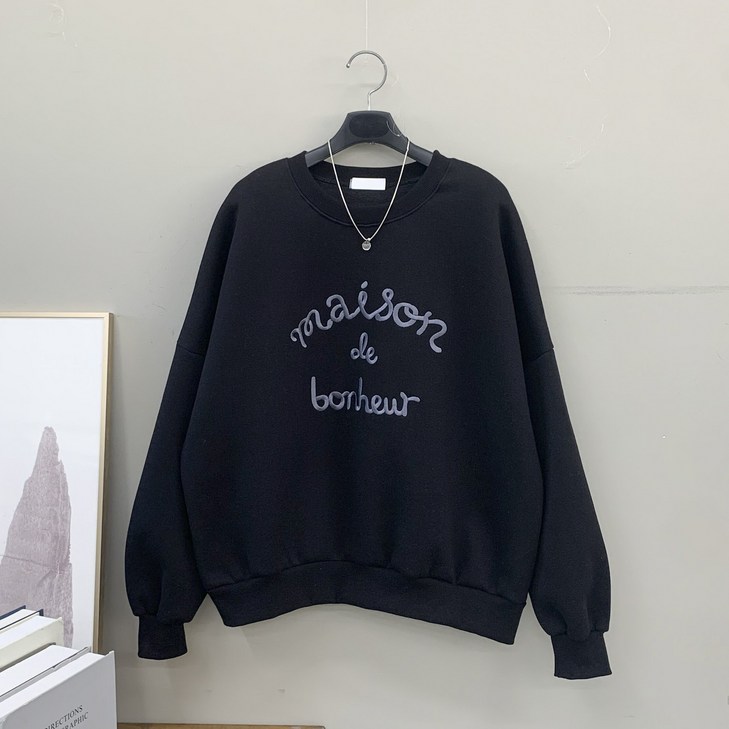 행복여 메종드 레터링 캐쥬얼 루즈핏 기모 맨투맨 티셔츠