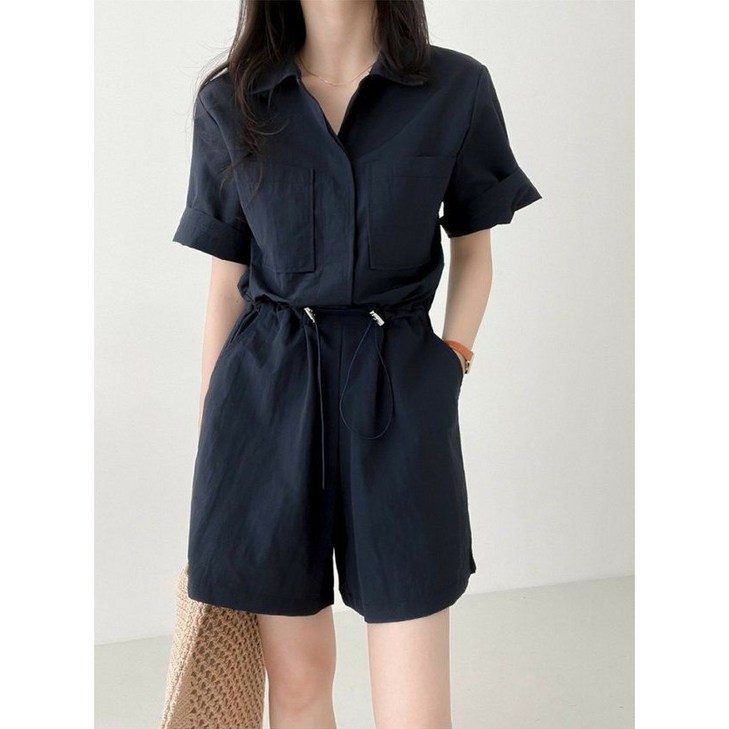 비아이와이 여성 여름 스트링 조거 셔츠형 와이드 점프슈트 반바지 DH1056