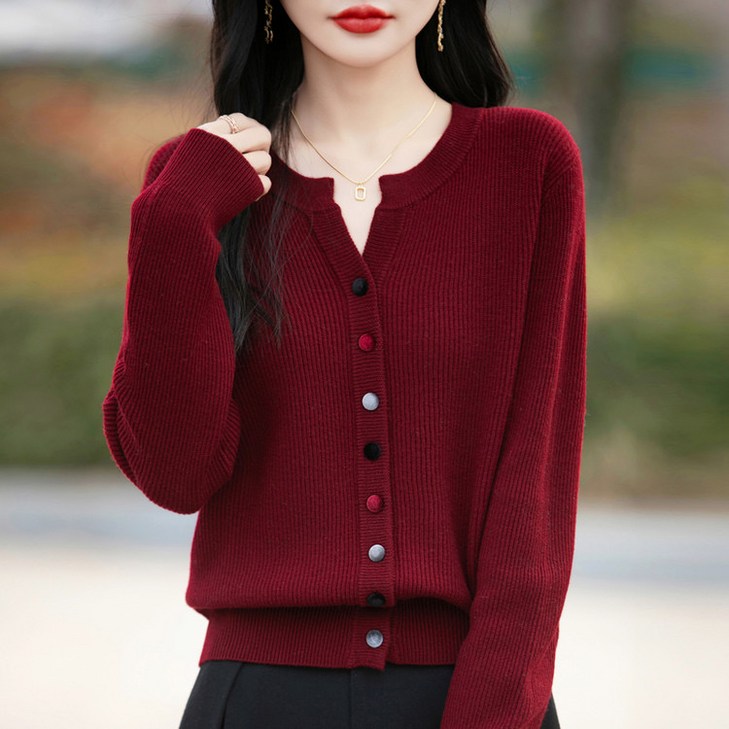 미스터먼쇼 여성 골지 알록단추 브이넥 가디건 스웨터 라운드 니트