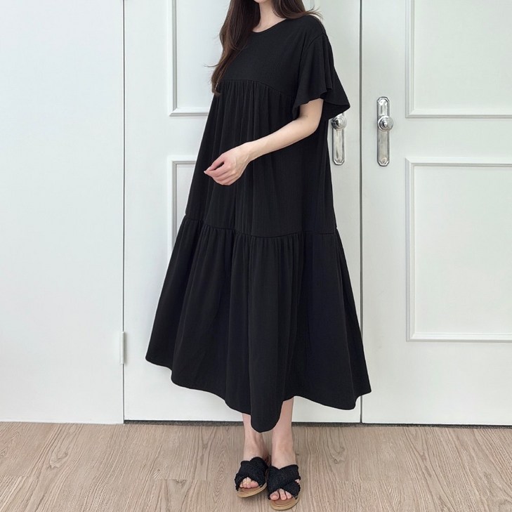 메이징 여성용 쿨링 소매 프릴 골지 캉캉 롱원피스