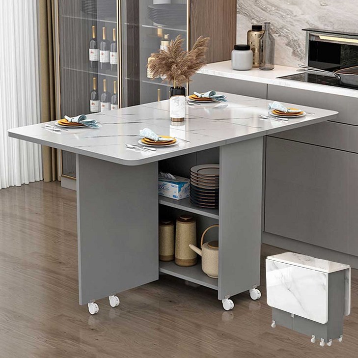 이동식 접이식 식탁 가정용 소형주택형 신축, 4인용, 프리미엄 그레이화이트 마블링