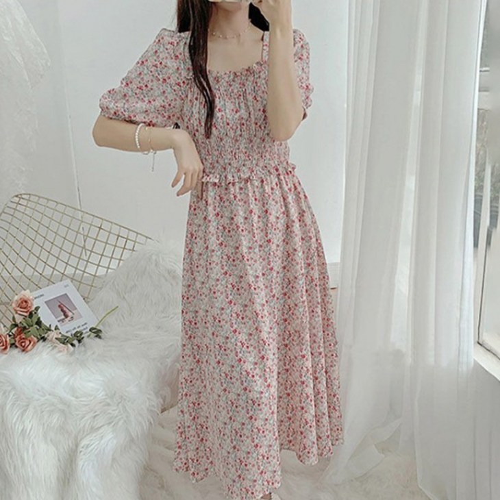 페이퍼먼츠 멜로니 스퀘어넥 퍼프소매 셔링 플라워 원피스 04474 빅사이즈 포함