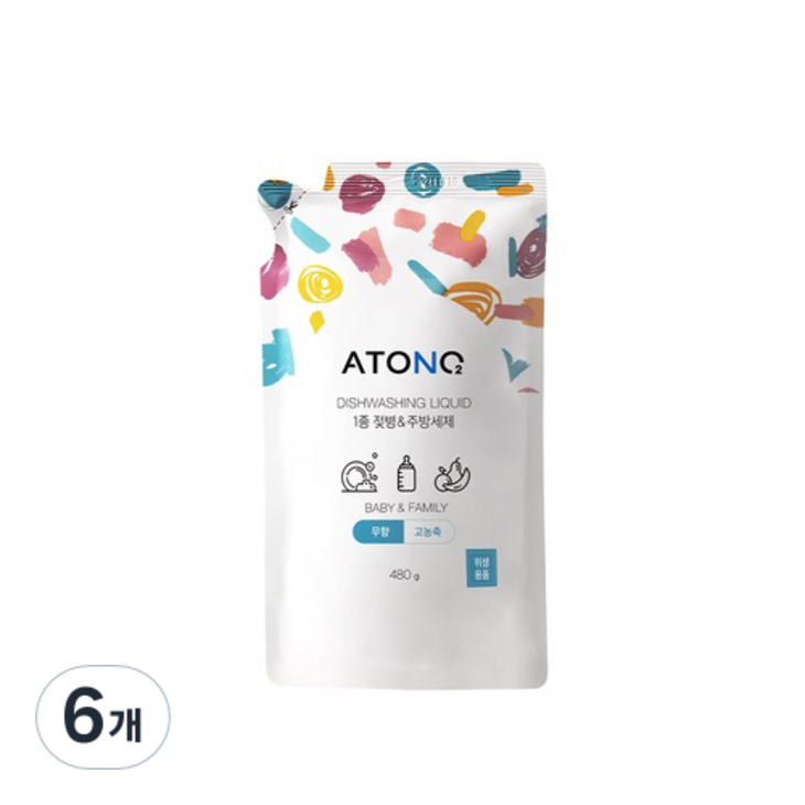 아토앤오투 1종 젖병  주방세제 리필 무향, 480g, 6개