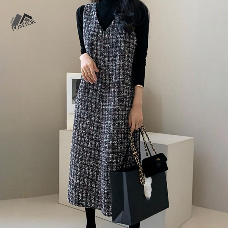 POMTOR 여성 트위드 민소매 롱 원피스  여성 겨울 데일리 원피스