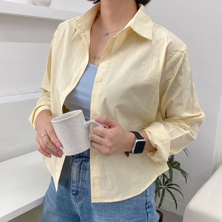 라몬즈코튼캔디 여성용 데일리 크롭 숏 긴팔 셔츠