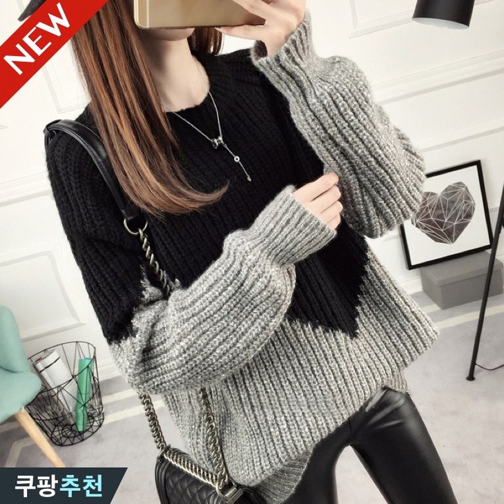 대박난 80kg까지 빅사이즈 여성 빈티지 두꺼운 배색 스웨터 니트 가을 겨울 신상 루즈핏 이너 학생 꽈배기 고급 패치워크 간절기 라운드 심플 데일리 검정 기본 상의 니트티