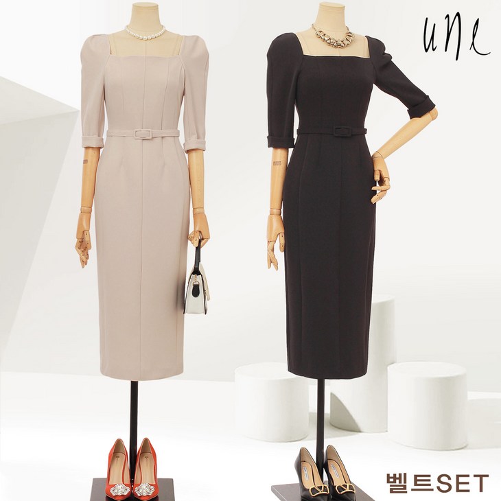 윈(une)[벨트set]스퀘어넥퍼프셀럽원피스