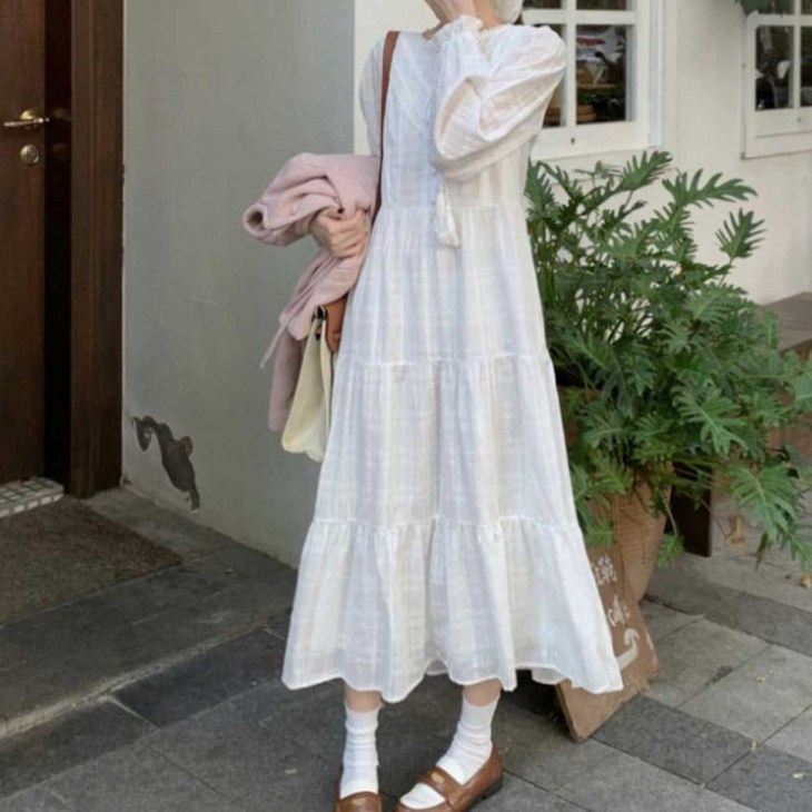 레이스 루즈핏 원피스 화이트 롱 가을 여성복 캉캉 쉬폰 데이트룩 하객룩