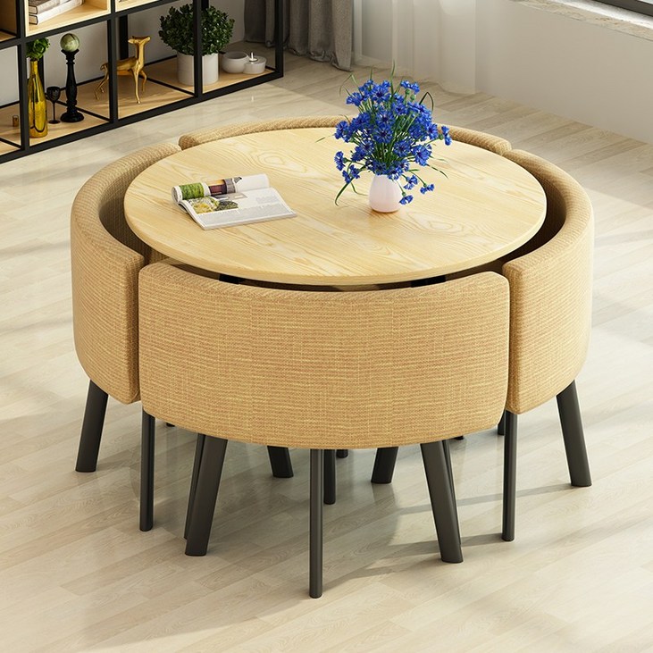 4인용 원형 올인원 테이블 의자 세트 카페 공간활용, 행색의자 라운드 테이블