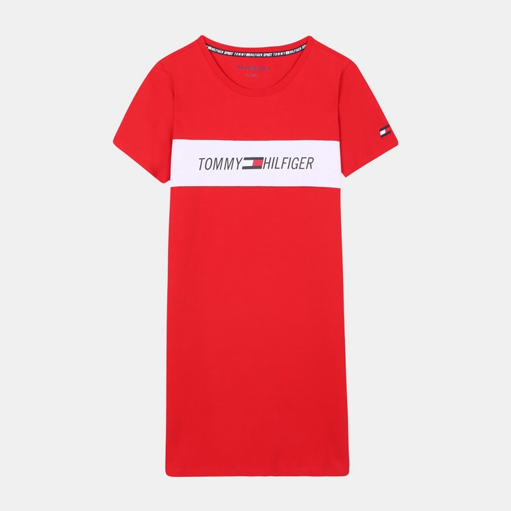 타미힐피거 여성용 로고 블록 크루넥 반소매원피스 레드 TP18322Z SCA