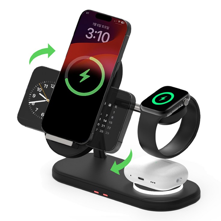 바우아토 3in1 듀얼 코일 고속 무선충전기 거치대 애플 호환, 미드나잇블랙, 1개