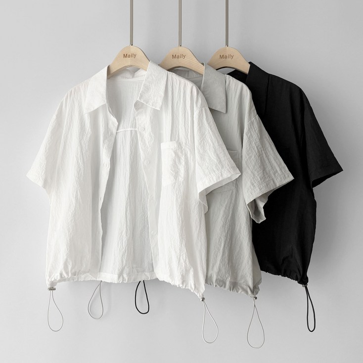 메일리 쿨 여름 바스락 스트링 오버핏 레인 여자 여성 숏 반팔 셔츠 남방 자켓 블라우스