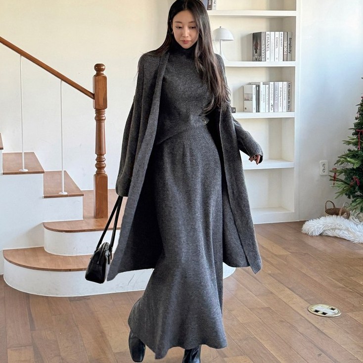 떳다그녀 라이오넬 니트 3피스 가디건 나시폴라 롱스커트 루즈핏 겨울 데일리 쓰리피스 세트